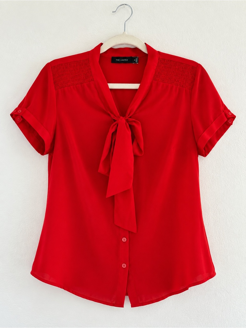 The Limited Red Tie-Neck Short Sleeve Blouse